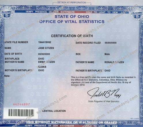 USA Ohio state birth certificate template in PSD format